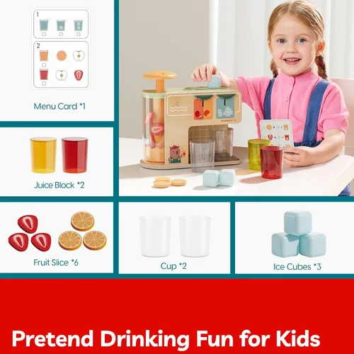 Vista 5 de TOP BRIGHT Dispensador de Bebidas de Madera para Juegos de Simulación, Juegos de Comida para Cocina Infantil con Tazas, Insertos de Jugo, Cubitos