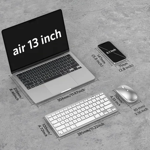 Vista 5 de Teclado y mouse inalámbricos para Mac, teclado de 14 atajos multimedia con mouse DPI ajustable, diseño delgado y portátil, conexión Bluetooth