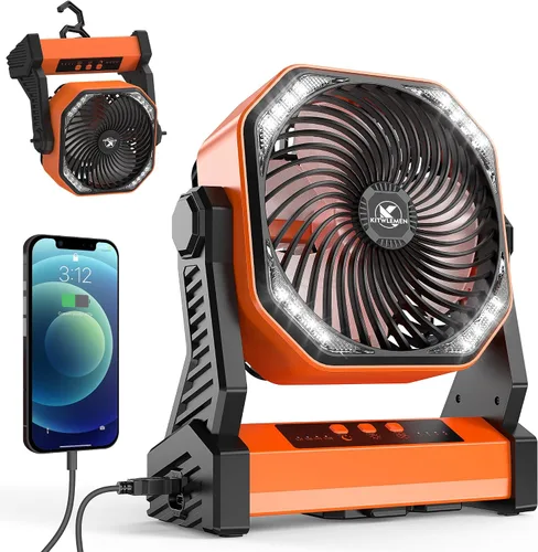 Vista 8 de KITWLEMEN - Ventilador de campamento alimentado por batería de 20 000 mAh, refrigeración máxima de 58 horas, 4 velocidades, luz brillante y gancho
