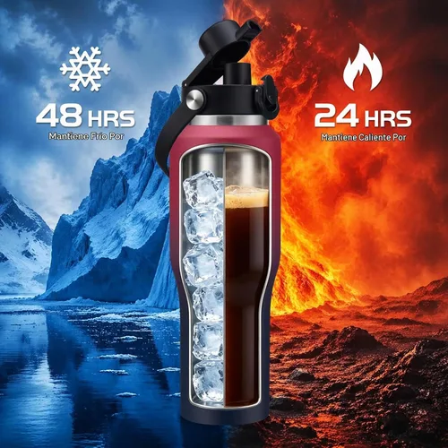 Vista 3 de Botella de agua de acero inoxidable de 32 onzas, frío-48 horas y caliente-24 horas, termo con popote y tapas de boquilla, bolsa, botella aislada al