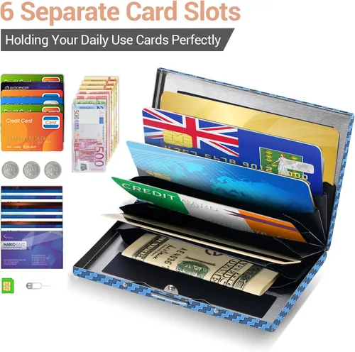 Vista 10 de BONSYL® Soporte para tarjetas de crédito, cartera delgada de metal con bloqueo RFID, con 6 ranuras para tarjetas, para mujeres y hombres.