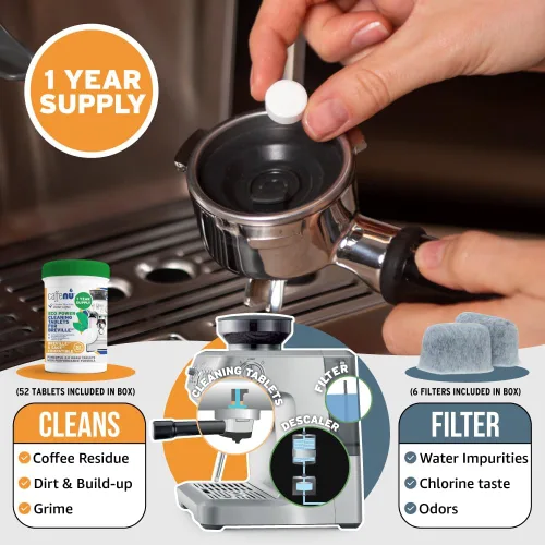 Vista 6 de Caffenu Tabletas de limpieza y filtro de agua compatibles con Breville. 52 tabletas de limpieza para máquina de café expreso y 6 filtros Breville