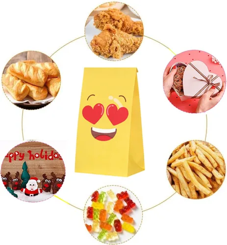 Vista 3 de VstarOne 24 bolsas de dulces – Emoticons bolsas de fiesta con calcomanías, 24 calcomanías, bolsa de papel kraft para bodas, nacimientos