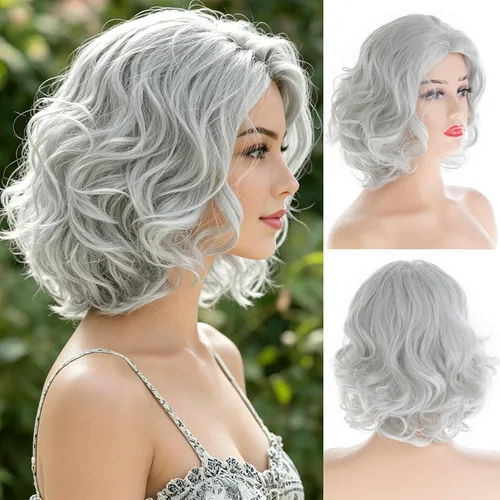 Vista 7 de Peluca corta ondulada rubia para mujer, peluca sintética con parte lateral para Halloween, cosplay, peluca de pelo Rubio