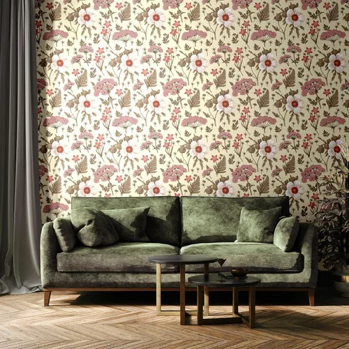 Vista 4 de Blooming Wall Papel pintado de azaleas dibujadas a mano con hojas despegar y pegar Papel pintado autoadhesivo extraíble Mural de pared decoración