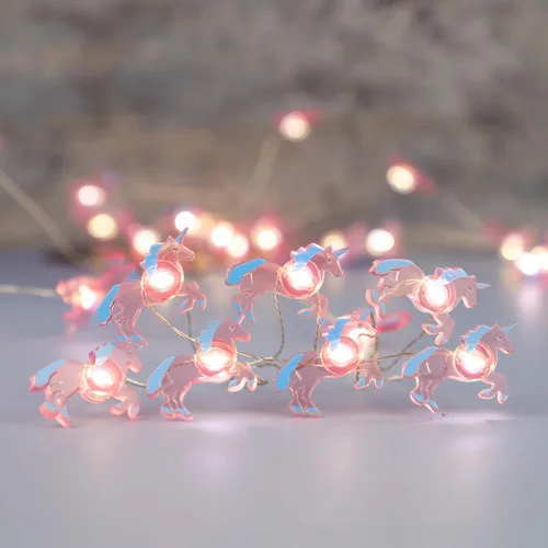 Vista 6 de Luces LED de unicornio para dormitorio, control remoto, 30 LED, USB y funciona con pilas, tira de luces rosas de dibujos animados, decoración