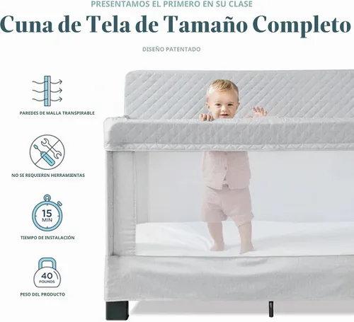 Vista 2 de Baby Delight Horizon Cuna de tamaño matrimonial, paredes de malla transpirable, cama de bebé de montaje sin herramientas, tela acolchada de lujo
