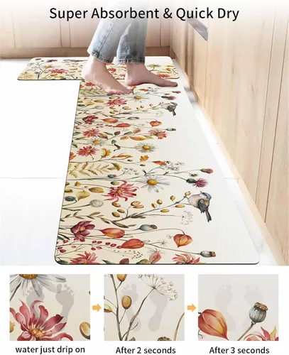 Vista 4 de Tapete de baño antideslizante para bañera, diseño de pájaros y flores, de secado rápido y absorbente, de tierra de diatomeas, tapete de cocina