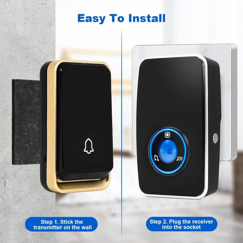 Vista 7 de 【No requiere batería】Timbre inalámbrico impermeable, kit de timbre de puerta AURTEC con 2 receptores flash LED enchufables y 1 transmisor