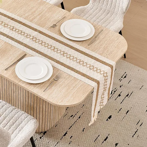 Vista 3 de Mesa de comedor de 63 pulgadas para 4 personas, esquinas redondeadas, base de pedestal a rayas, mesa rectangular moderna de granja, color beige