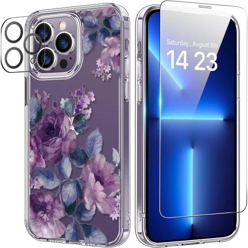 Vista 13 de bicol Funda para iPhone 14 Plus con Protector de Pantalla y Lente de Cámara - Diseños Florales de Moda para Mujeres y Niñas - Funda Transparente