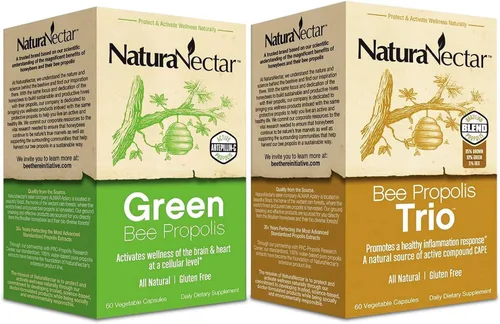 Vista 5 de NaturaNectar Paquete de propóleos de abeja natural, trío y propóleos verdes, para apoyo inmunológico, de memoria y enfoque* - 60 cápsulas por botella