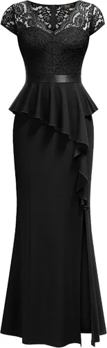 Vista 3 de MISSMAY Vestido largo de cóctel con volantes y encaje floral elegante para mujer Negro