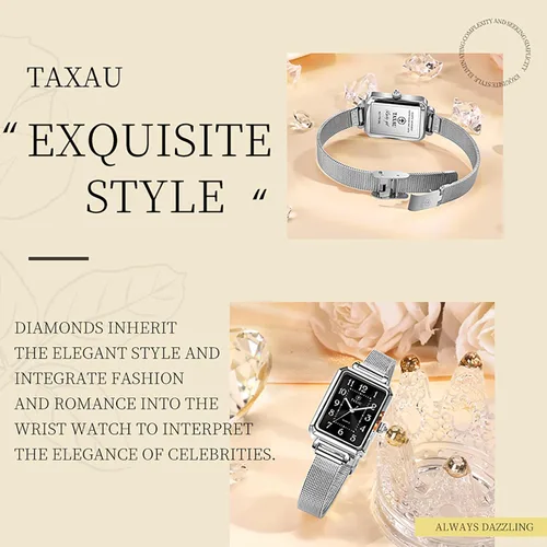 Vista 8 de Reloj cuadrado para mujer, pulsera de malla de acero inoxidable, rectangular, reloj de vestir para mujer, reloj de pulsera analógico de cuarzo