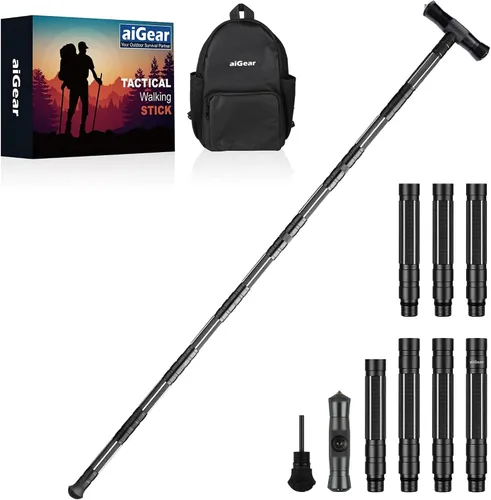Vista 11 de aiGear G2 Tactical Hiking Stick with Multi-Tool, 5-8 Section Walking Staff Negro