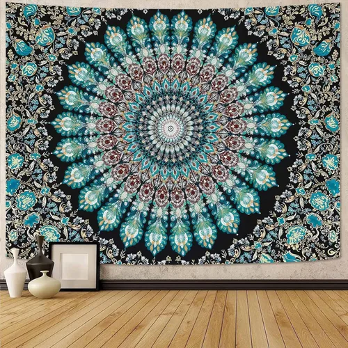 Vista 21 de Accnicc Tapiz bohemio con mandala floral para dormitorio, tapiz de pared con flores bohemias, pequeño, acuarela, azul, blanco, hippie, indio