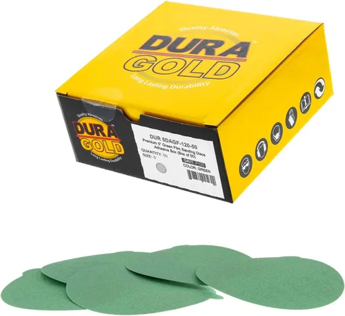 Vista 9 de Dura-Gold Discos de lija PSA de película verde de 5 pulgadas, grano 80 (caja de 50), discos de papel de lija autoadhesivos con parte trasera