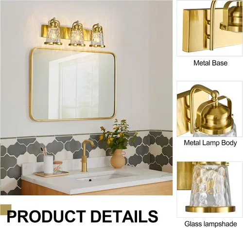 Vista 4 de Lámpara de tocador de baño de 3 luces, moderna, industrial, dorada, con accesorios de cristal para el baño sobre el espejo