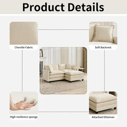 Vista 5 de Sofá seccional modular, sofá seccional en forma de L de 76.7 pulgadas con otomana móvil, cómodo loveseat de chenilla nube con reposabrazos