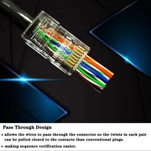 Vista 5 de Conectores RJ45 Cat6 Cat5 extremos chapados en oro 8P8C Ethernet Pass Through Plug (100 unidades)