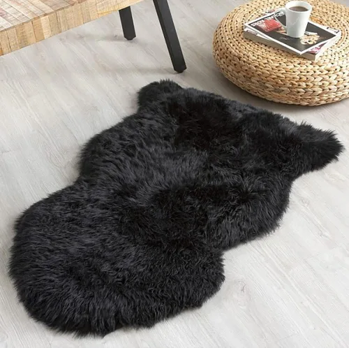 Vista 6 de HUAHOO Alfombra de piel de oveja genuina prémium Negra Real de Australia Piel de oveja natural de lujo, alfombra esponjosa de lana de cordero