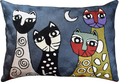 Vista 14 de Funda de almohada lumbar Picasso - Cojín abstracto de gatitos azules - Lana bordada a mano tamaño 14 x 20 Almohada lumbar Blue Cats