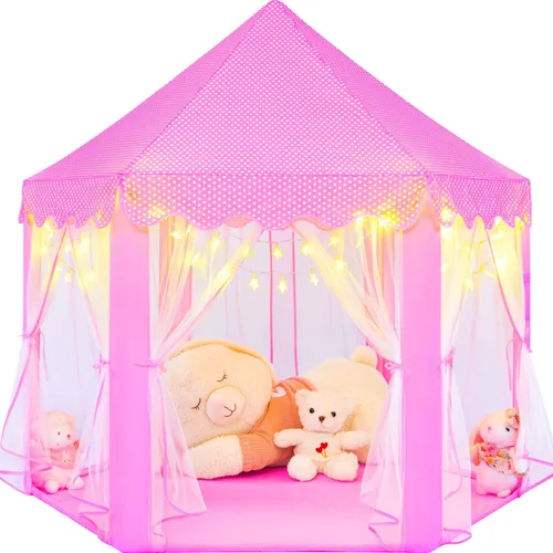 Vista 9 de Tienda de campaña de princesa púrpura para niñas, tienda de campaña para niños con luces LED de estrellas pequeñas, tienda de casa