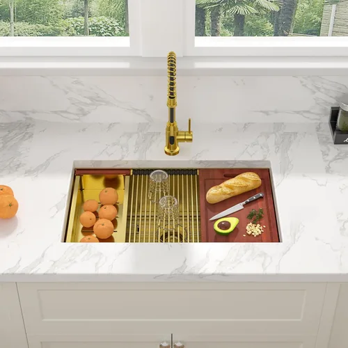 Vista 2 de Sarlai Fregadero de cocina empotrado de 30 pulgadas dorado - Fregadero de cocina de 76,2 cm x 45,7 cm con repisa para estación de trabajo de acero