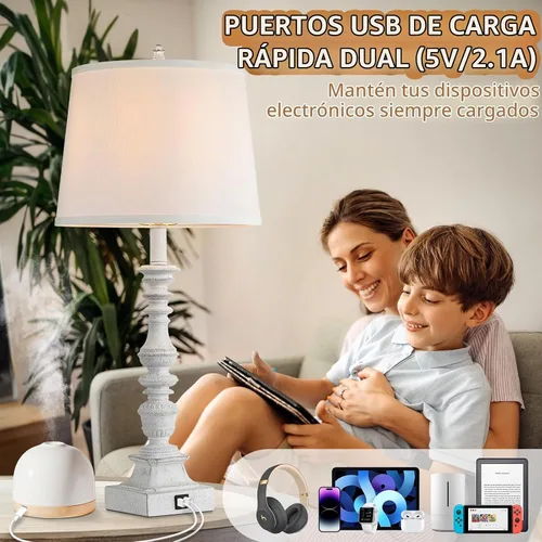 Vista 2 de Juego de 2 lámparas de mesa de granja de 27.5 pulgadas, lámparas rústicas de dormitorio para mesita de noche con carga USB doble, lámparas