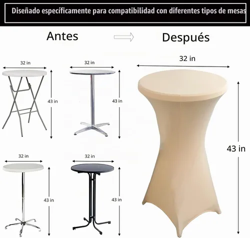 Vista 3 de Paquete de 2 Fundas para Mesa de Cóctel de Spandex Champán de 32x43 Pulgadas, Mantel de Cóctel Redondo Elástico, Funda de Mesa Highboy Ajustada