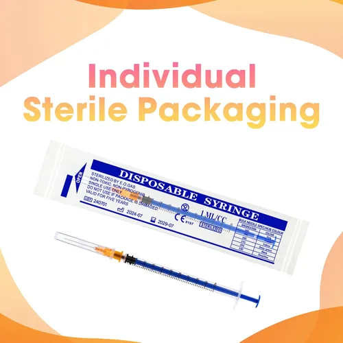 Vista 6 de Paquete de 100 jeringas de 1ml con aguja - 25G 1 pulgada Jeringa desechable de 1cc para uso en laboratorio científico, estéril envuelta