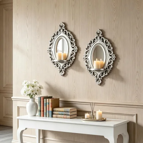 Vista 10 de Juego de 2 apliques de velas de relieve tridimensional, soportes de velas rústicos para montaje en pared, decoración de pared colgante de madera