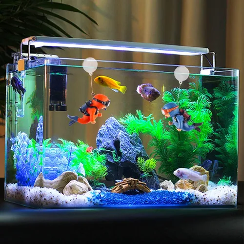 Vista 5 de Paquete de 2 decoraciones de pecera, lindos adornos de acuario de buceador, juguete de decoración con divertido dispositivo flotante, accesorios