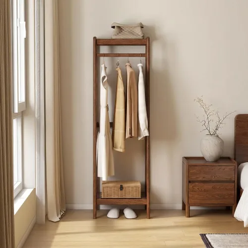 Vista 10 de Perchero de madera maciza, perchero con estantes para dormitorio, sala de estar, entrada, 16 x 20 x 63 pulgadas, madera de roble, natural