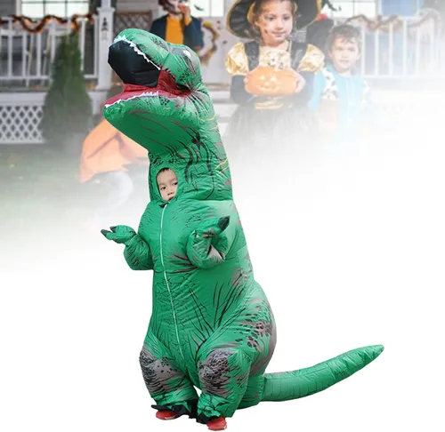Vista 2 de Disfraz inflable de dinosaurio, impermeable con impresión clara para cosplay divertido (verde)