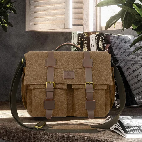 Vista 3 de Bolsa tipo mensajero para hombre, bolsa para laptop de 15.6 pulgadas, bolsa vintage de lona encerada, resistente al agua, maletín de cuero