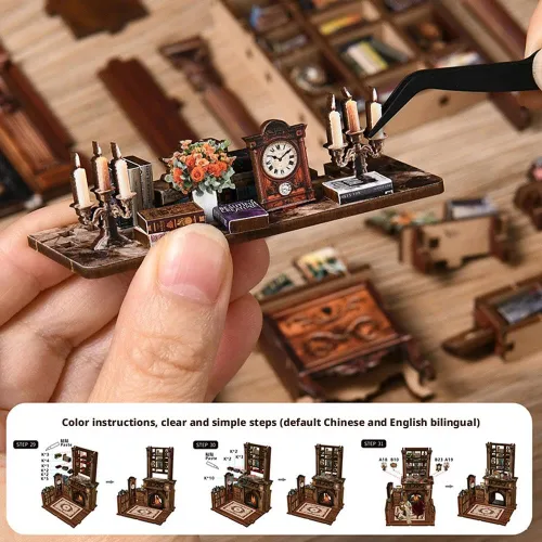 Vista 3 de Kits de rincón de libros para adultos, rompecabezas de madera 3D para casa de muñecas, estantería en miniatura para casa de muñecas, decoración