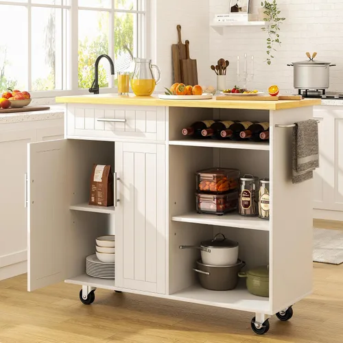 Vista 11 de SUNLEI Isla de Cocina con Carro de Almacenamiento, Carrito Rodante de Café Pequeño, Mesa de Corte de Madera, Microondas con 3 Cajones sobre Ruedas