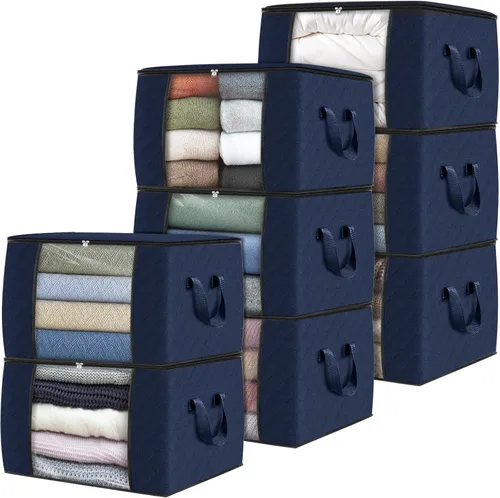 Vista 45 de Fab totes Paquete de 3 bolsas de almacenamiento plegables de tela gruesa, contenedores para organizar dormitorio, armario, ropa, edredón, Beige