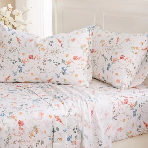 Vista 23 de Zusbest Juego de sábanas florales de 100 % algodón percal, color naranja y amarillo, juego de sábanas suaves y transpirables con diseño botánico