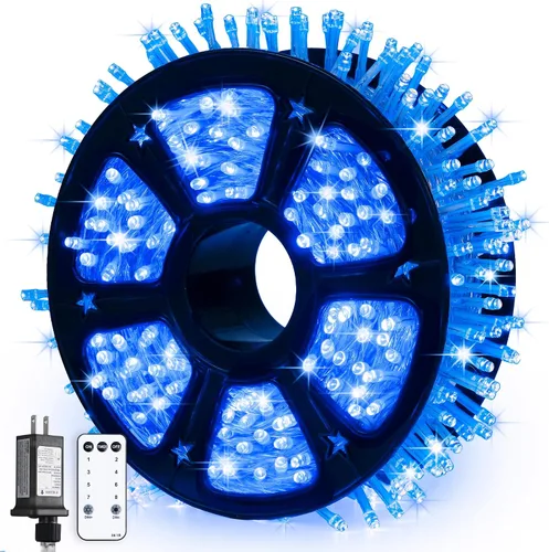 Vista 15 de JMEXSUSS 150 luces LED azules de Navidad para interiores y exteriores, luces de cadena conectables de 59 pies con enchufe, 8 modos de luces de hadas