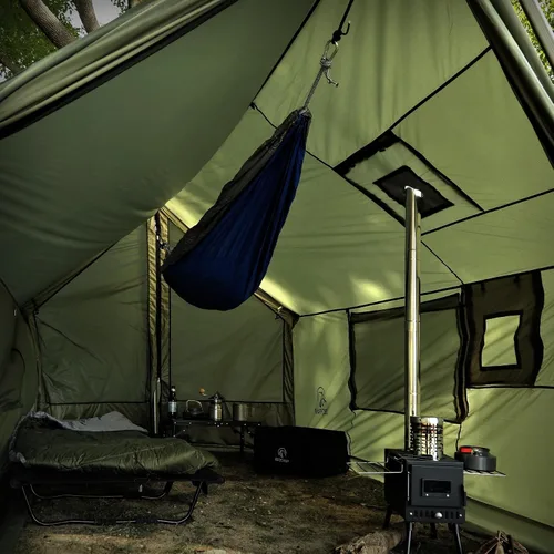 Vista 4 de REDCAMP Tienda de Campaña Caliente Grande tipo Hamaca con Salida para Estufa, Tienda de Campaña de Pared de Invierno Impermeable y Resistente al