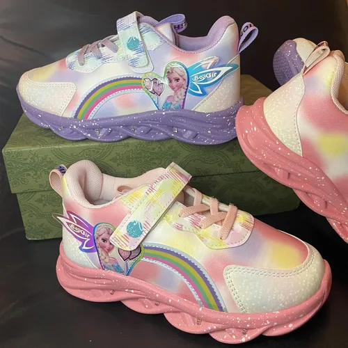 Vista 8 de YAOWUQUAN Zapatos de princesa de dibujos animados para niñas, zapatos casuales con luz LED, zapatos de princesa de nieve, zapatos de princesa