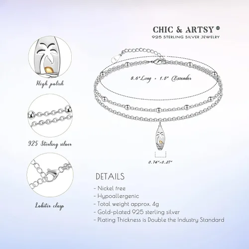 Vista 146 de CHIC & ARTSY Tobilleras delicadas de plata de ley S925 para verano, pulsera de tobillo ajustable multicapa para playa, joyería de pie para mujer