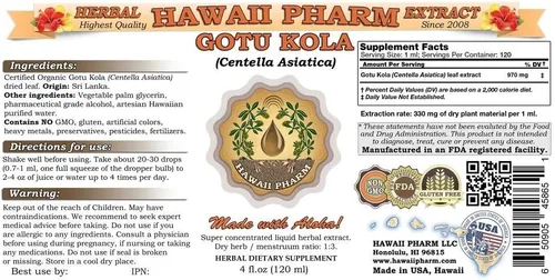 Vista 2 de Hawaii Pharm Extracto líquido de Gotu Kola, suplemento orgánico de tintura de Gotu Kola (Centella Asiatica) 2 x 32 oz sin filtrar
