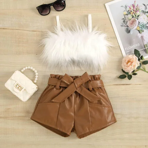 Vista 2 de 2-7T Linda ropa de verano para niña, chaleco camisola de piel esponjosa, chaleco de piel sintética, pantalones cortos de cintura alta, conjunto