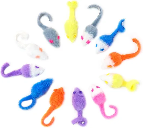 Vista 4 de CHIWAVA 36 piezas de 1.8 pulgadas de color caramelo peludos ratones gato juguete sonajero ratón gatito juguete interactivo colores surtidos