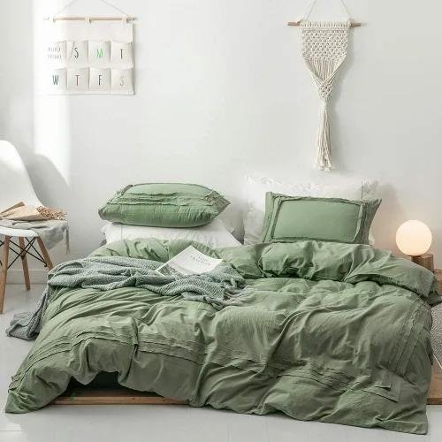 Vista 2 de Juego de funda de edredón tamaño individual, ropa de cama de algodón lavado verde salvia, 2 piezas, 1 funda de edredón, 1 funda de almohada, súper