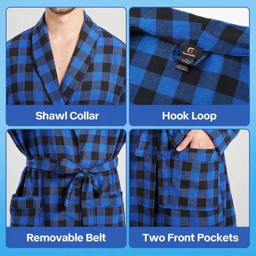 Vista 3 de FashGudim Bata de algodón a cuadros para hombre, ligera, con cuello de chal, kimono, ropa de dormir, ropa de descanso, batas de casa
