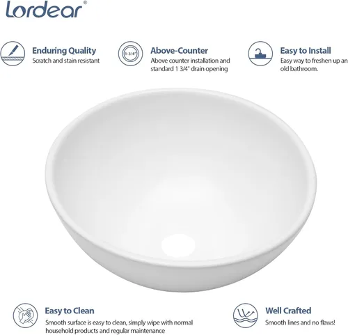 Vista 5 de Lordear 13x13 Fregadero Pequeño Redondo de Baño Moderno en Blanco, Fregadero de Cerámica de Porcelana Blanca sobre Encimera, Fregadero de Arte